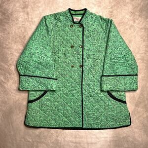 Vintage 40s Lady Juliana Housecoat Green Jacket Quilted Geometric Double Button